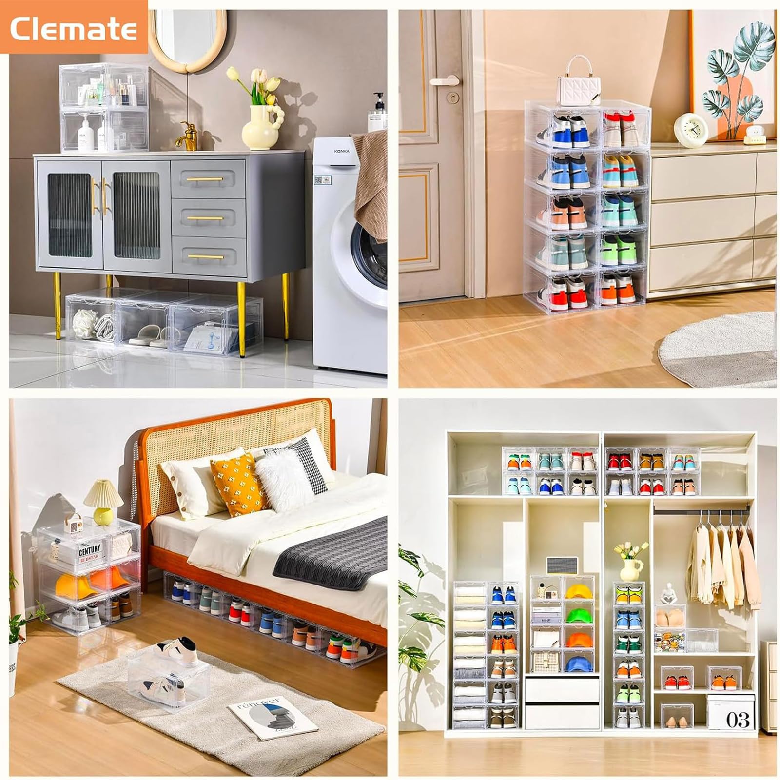 Clemate clear plastic drop-front door shoe box displaying sneakers neatly