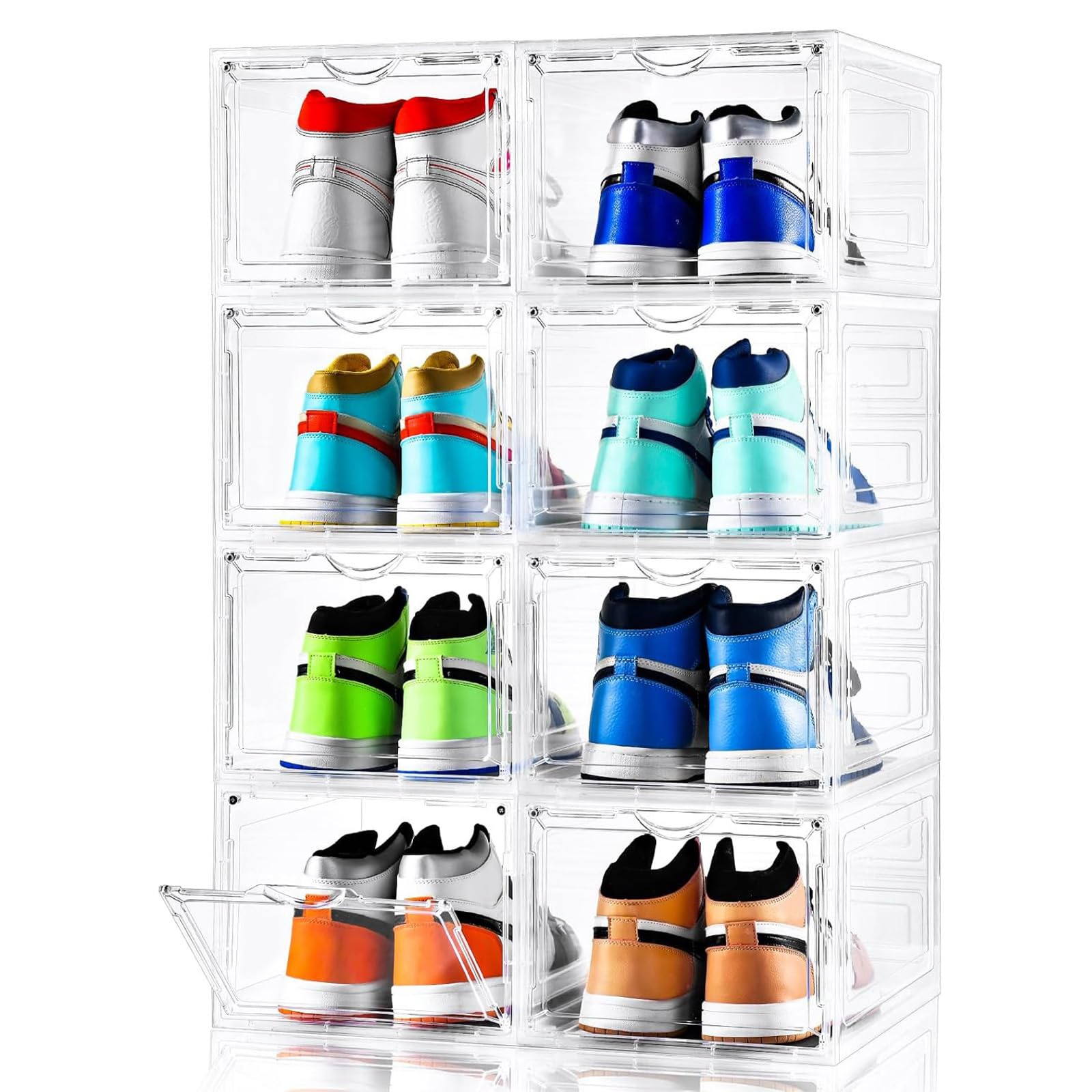 Clemate Upgraded X-Large Shoe Storage Box shown in an 8-pack setup for organized footwear collection