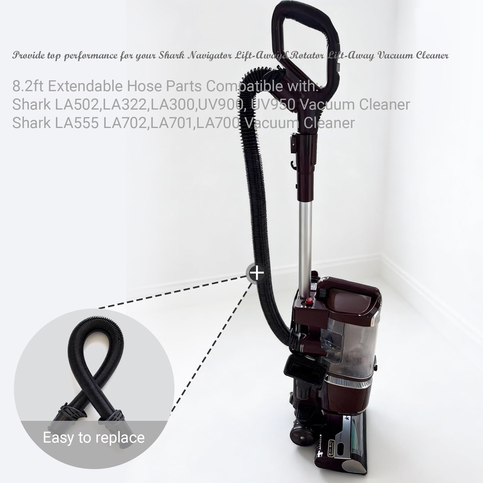 Clenex flexible hose bends around furniture for easier cleaning.