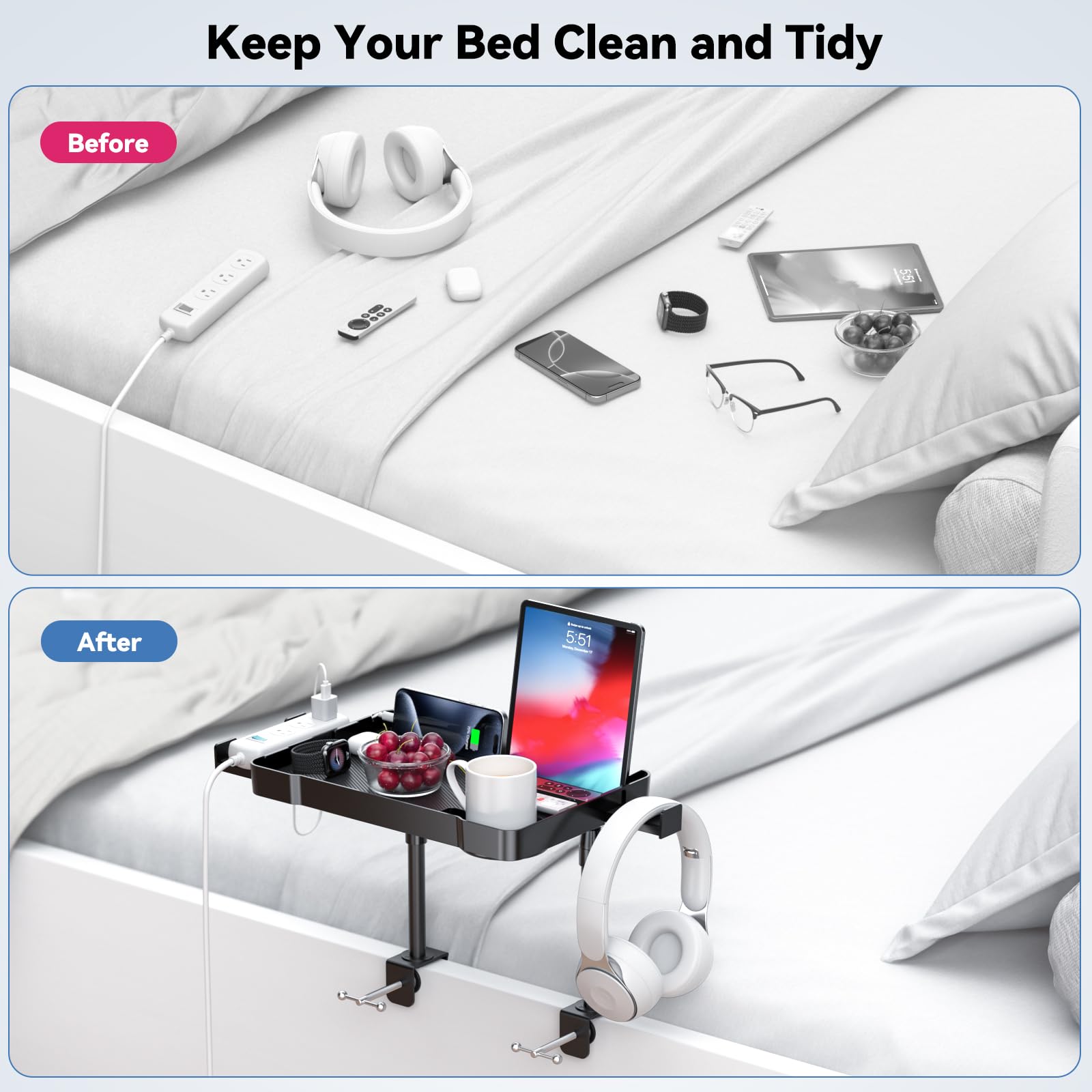 CLESOO Bedside Shelf adjustable pole lets you set height from low to high.