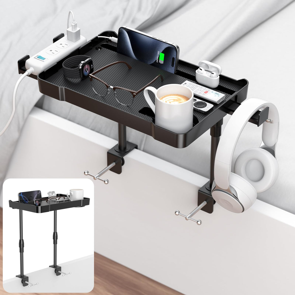 CLESOO Bedside Shelf on top bunk shows roomy surface within reach.