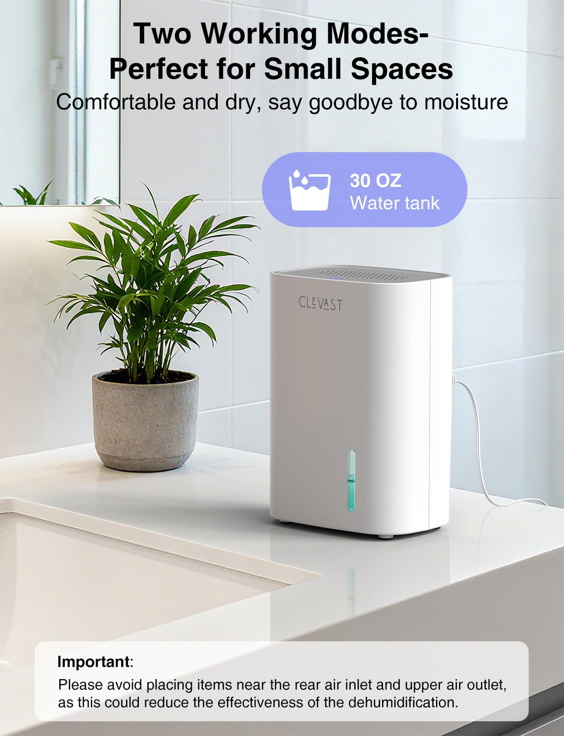 CLEVAST dehumidifier in quiet mode at 24db for peaceful nights.