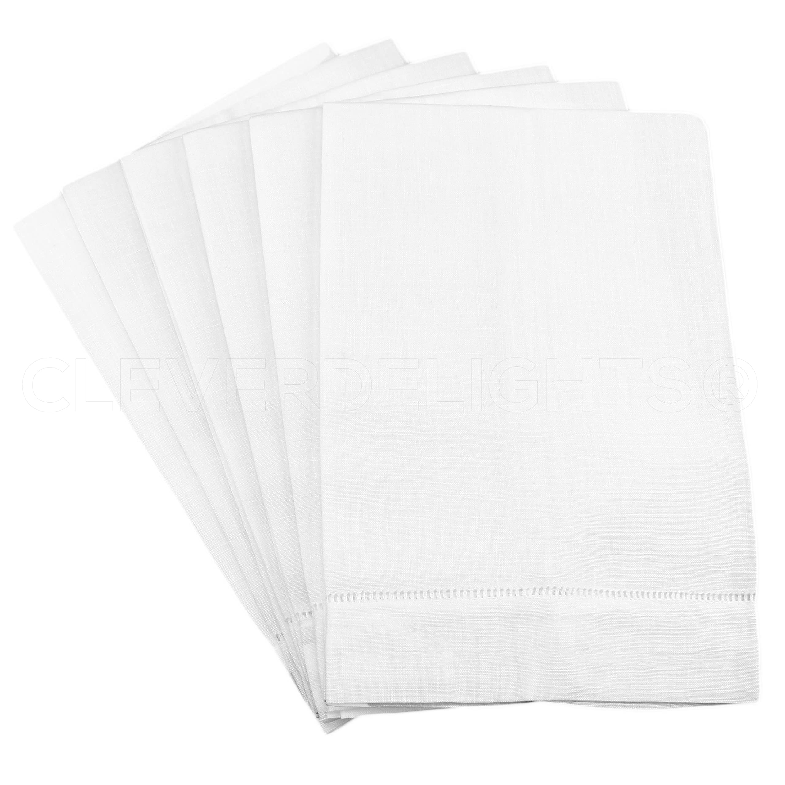 CleverDelights white linen fingertip towels with hemstitched edges for elegant kitchen or bath use.