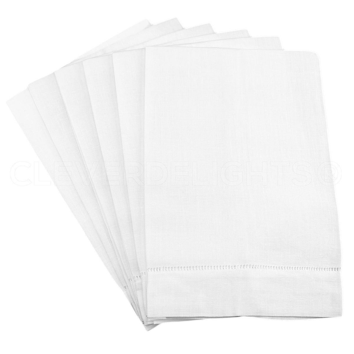 CleverDelights white linen fingertip towels with hemstitched edges for elegant kitchen or bath use.