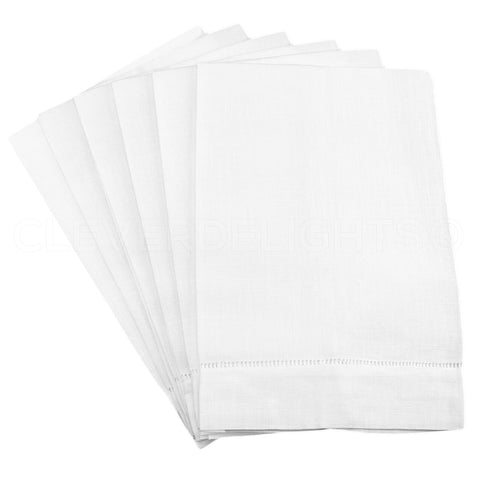 CleverDelights white linen fingertip towels with hemstitched edges for elegant kitchen or bath use.