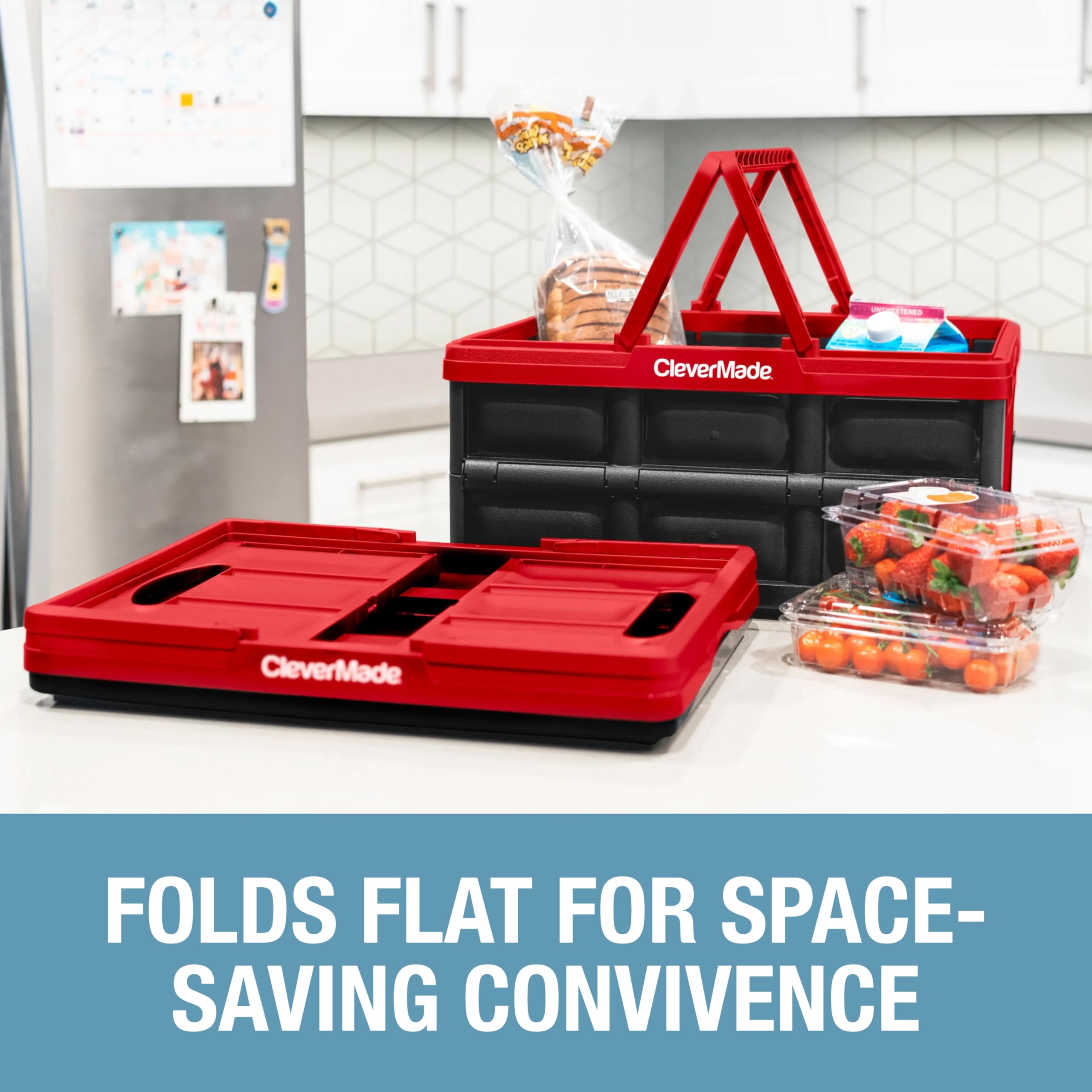 CleverMade 32L grocery basket with top and side handles for easy lifting.