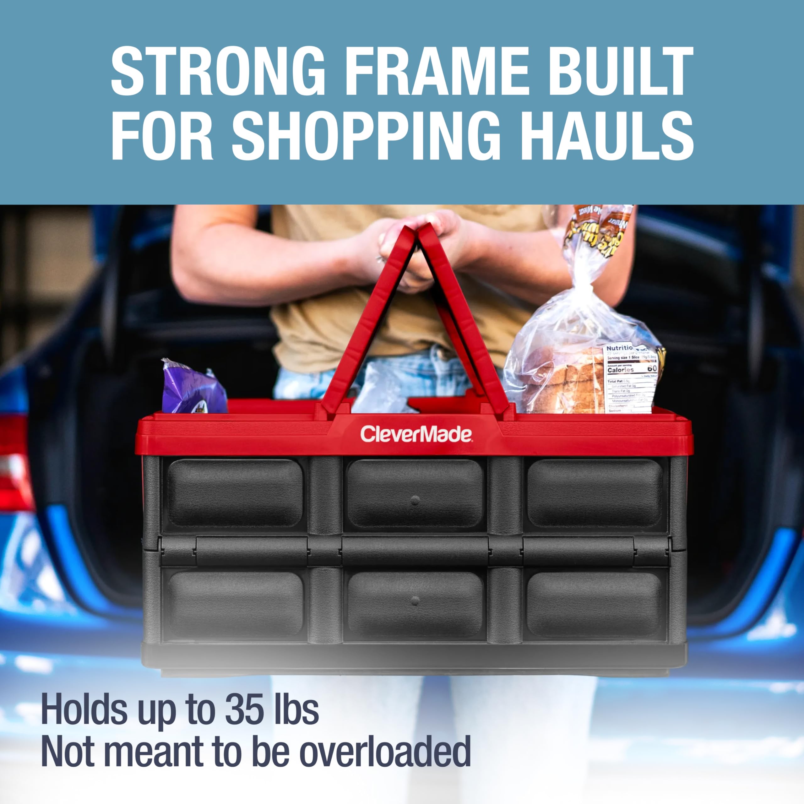 CleverMade 32L basket folded flat for compact car trunk storage.