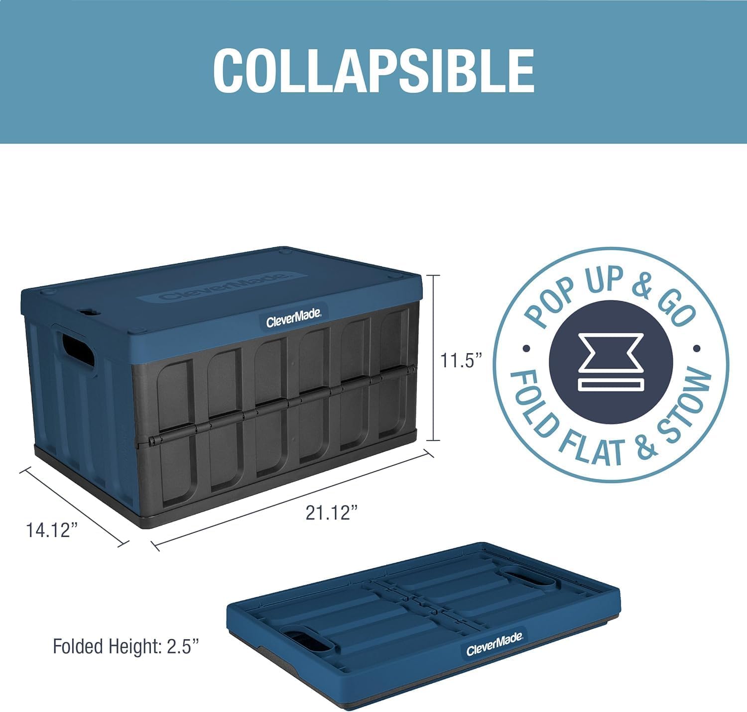 CleverMade collapsible bin with lid in Ocean, stack neatly to save space.