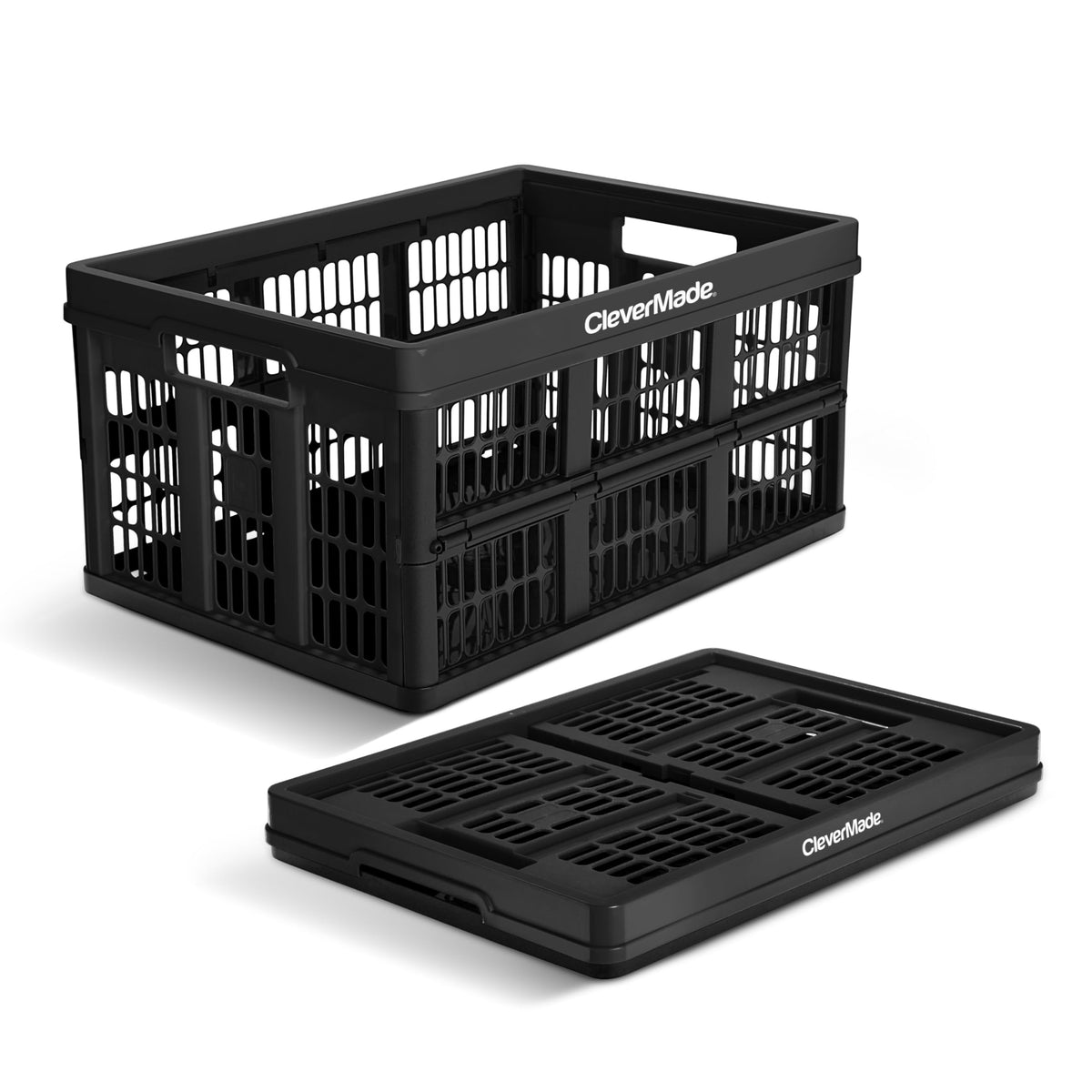 CleverMade 45L collapsible crate folded flat for space-saving storage.