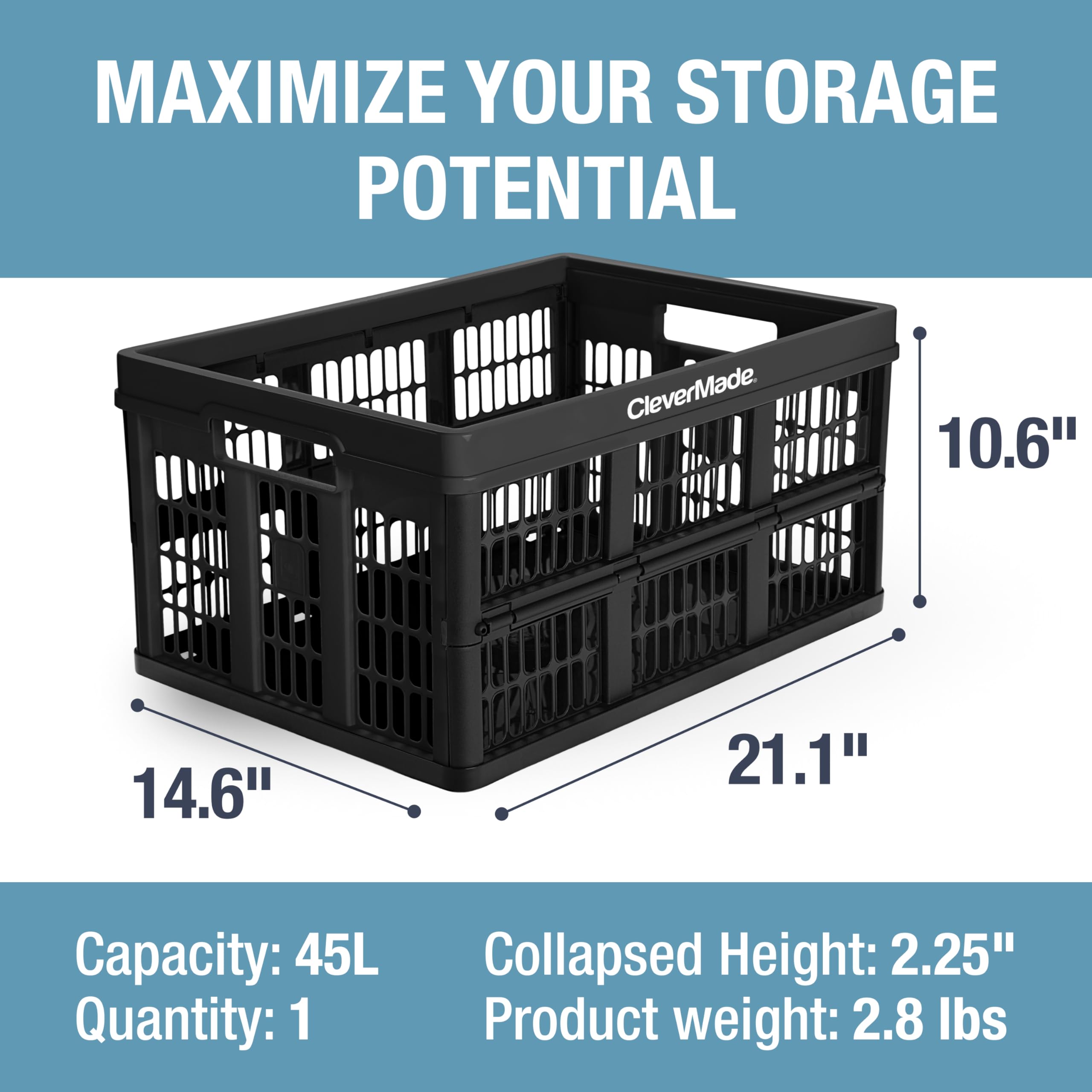 CleverMade 45L collapsible crate holds heavy groceries with ease.