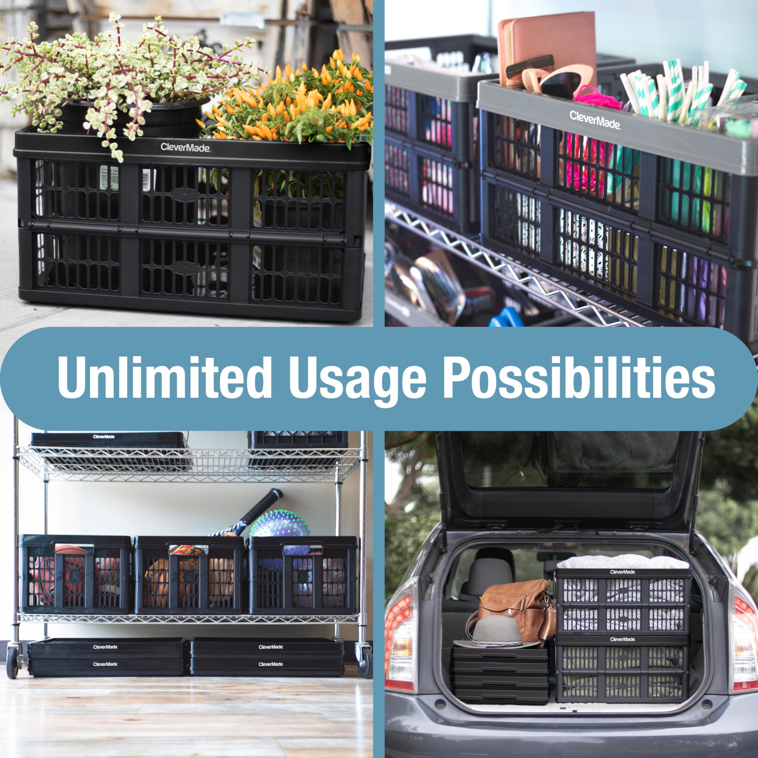 CleverMade Obsidian collapsible crate stacked for organized storage.