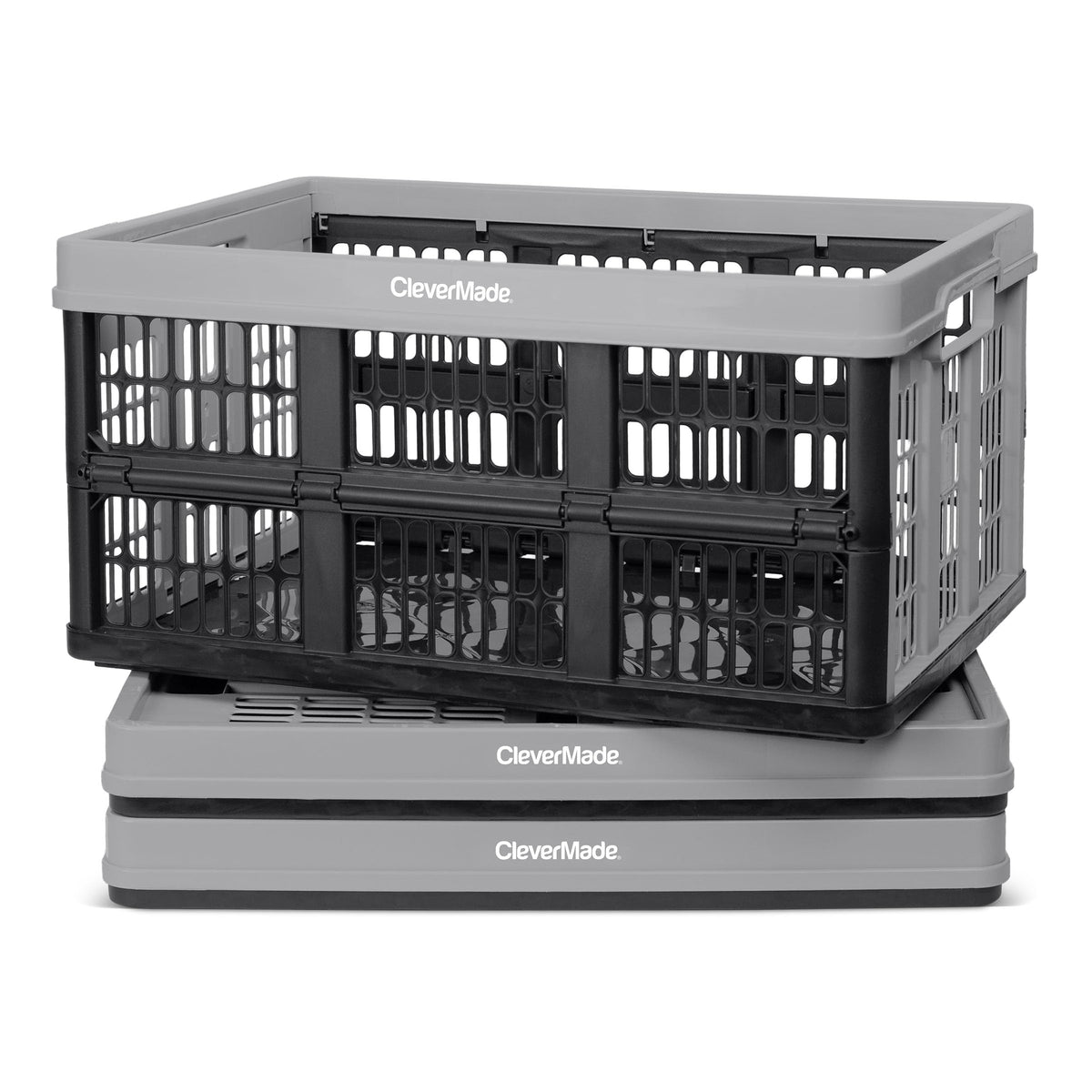 CleverMade collapsible crate in stone, open for easy access to groceries and gear.