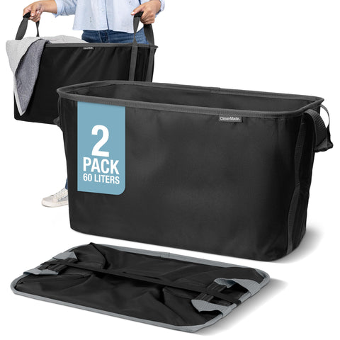 CleverMade collapsible laundry basket open with reinforced handles showing 60L capacity