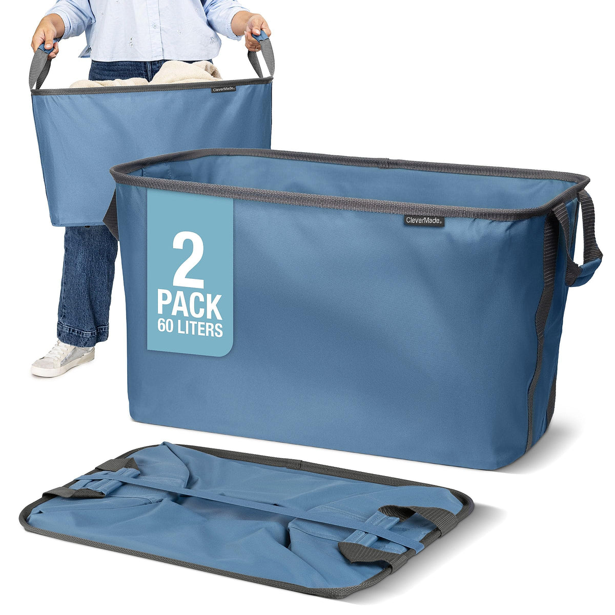 CleverMade collapsible laundry basket, open full-size for easy loading