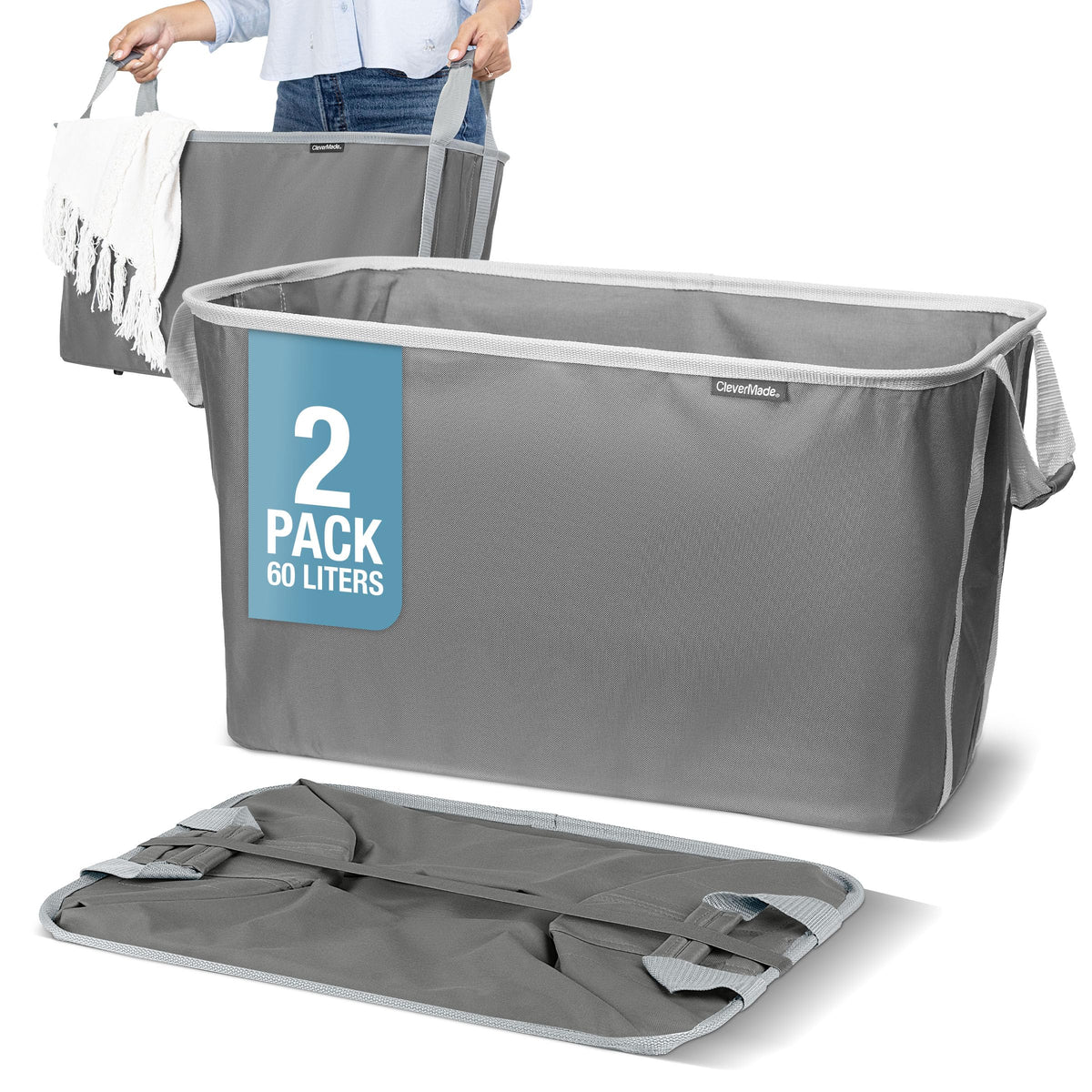 CleverMade collapsible laundry basket open with reinforced handles for easy loading