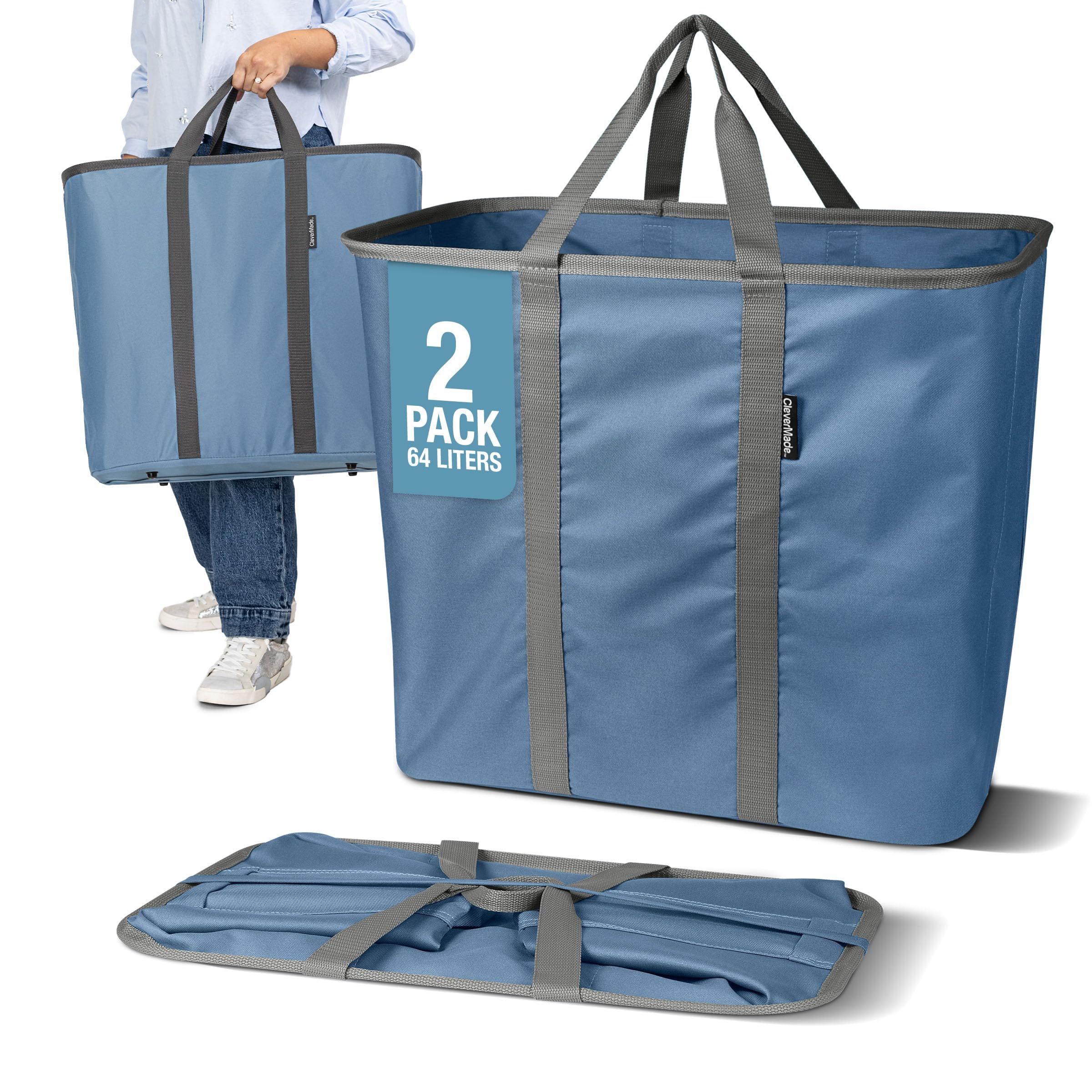 CleverMade collapsible laundry caddy in denim gray with pop-up frame for quick setup