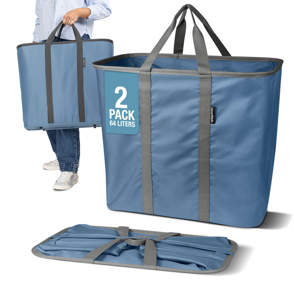 CleverMade collapsible laundry caddy in denim gray with pop-up frame for quick setup