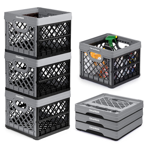 CleverMade 25L collapsible milk crate open-stack view showing sturdy 50 lb capacity.