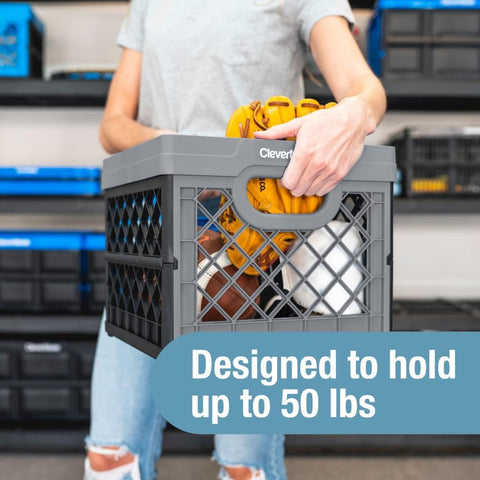 CleverMade collapsible milk crate folded form demonstrates compact storage for tight spaces at home.
