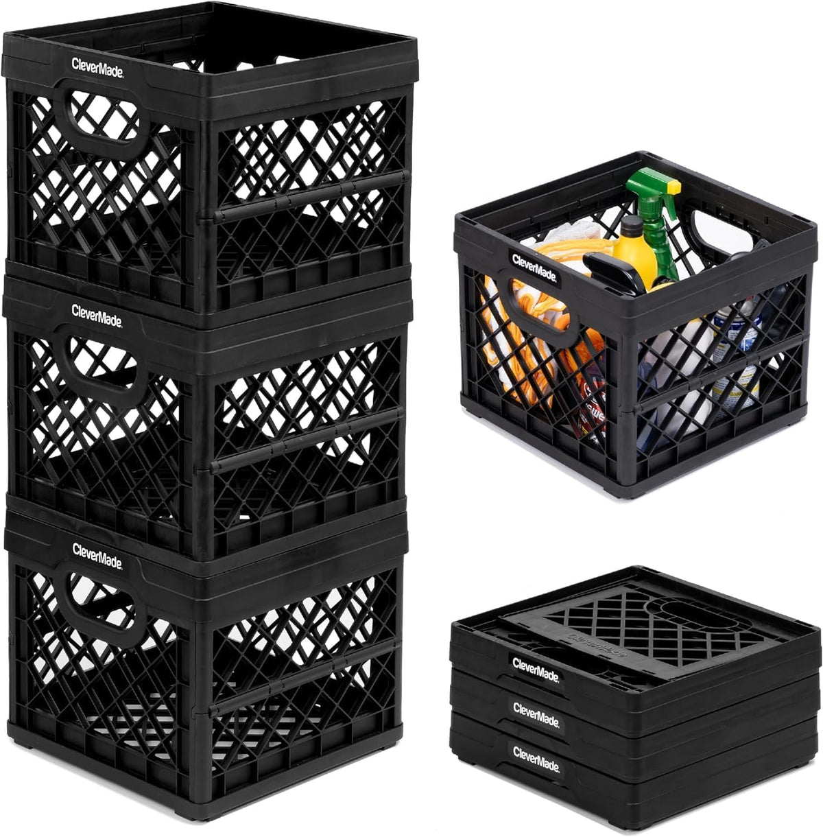 CleverMade Collapsible Milk Crate 25L open view with easy access and strong 50 lb capacity.