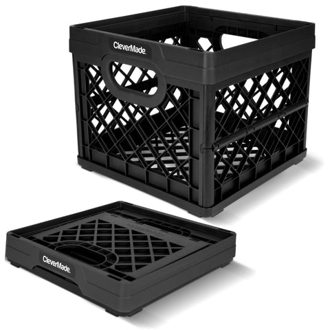 CleverMade collapsible milk crate open design shows easy access and reliable stacking for garage storage.
