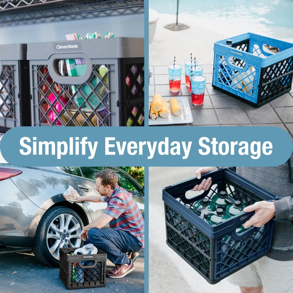 CleverMade collapsible milk crate stacked demonstrates vertical organization in small spaces.
