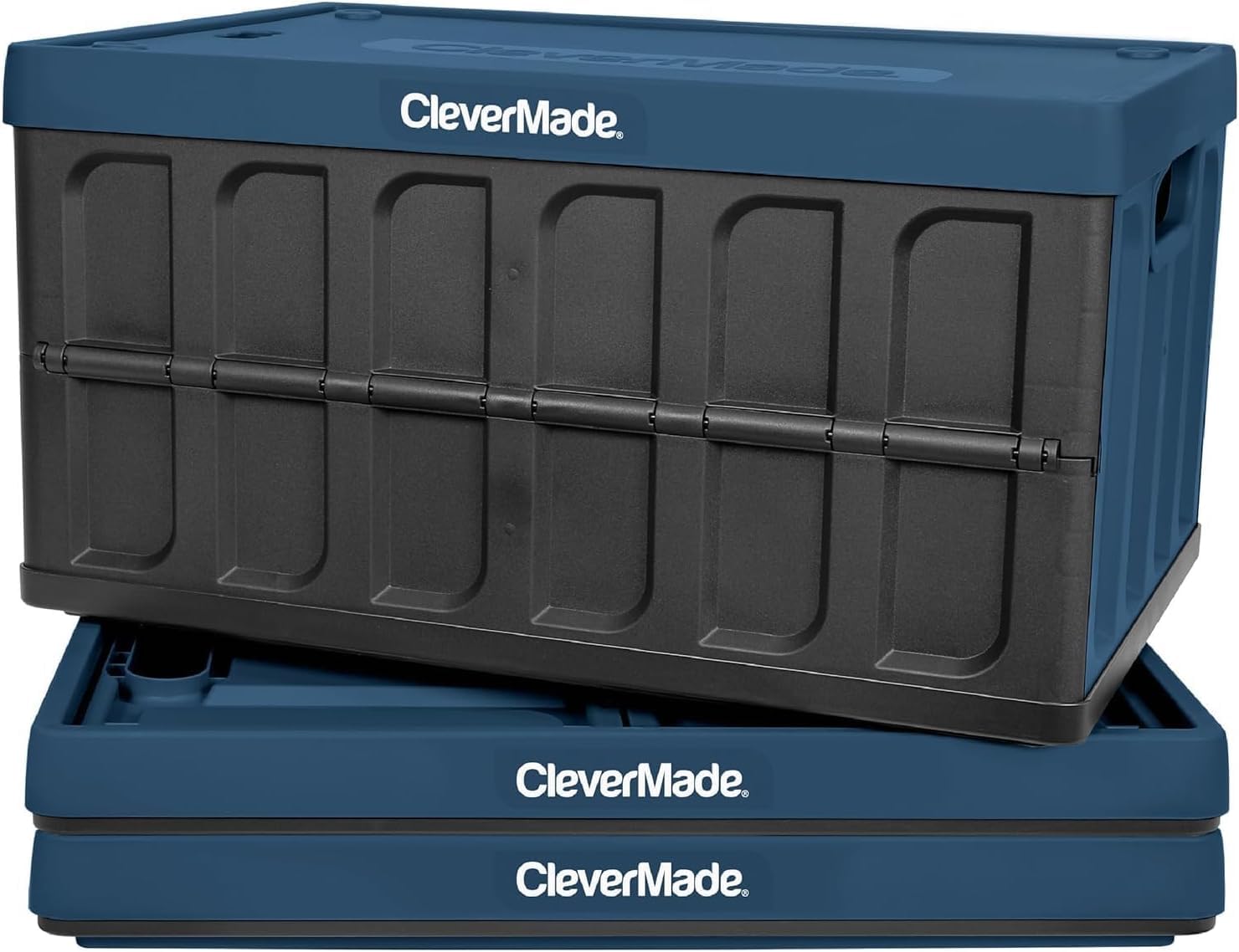 CleverMade collapsible storage bins with lids in Ocean, ideal for trunk organization.