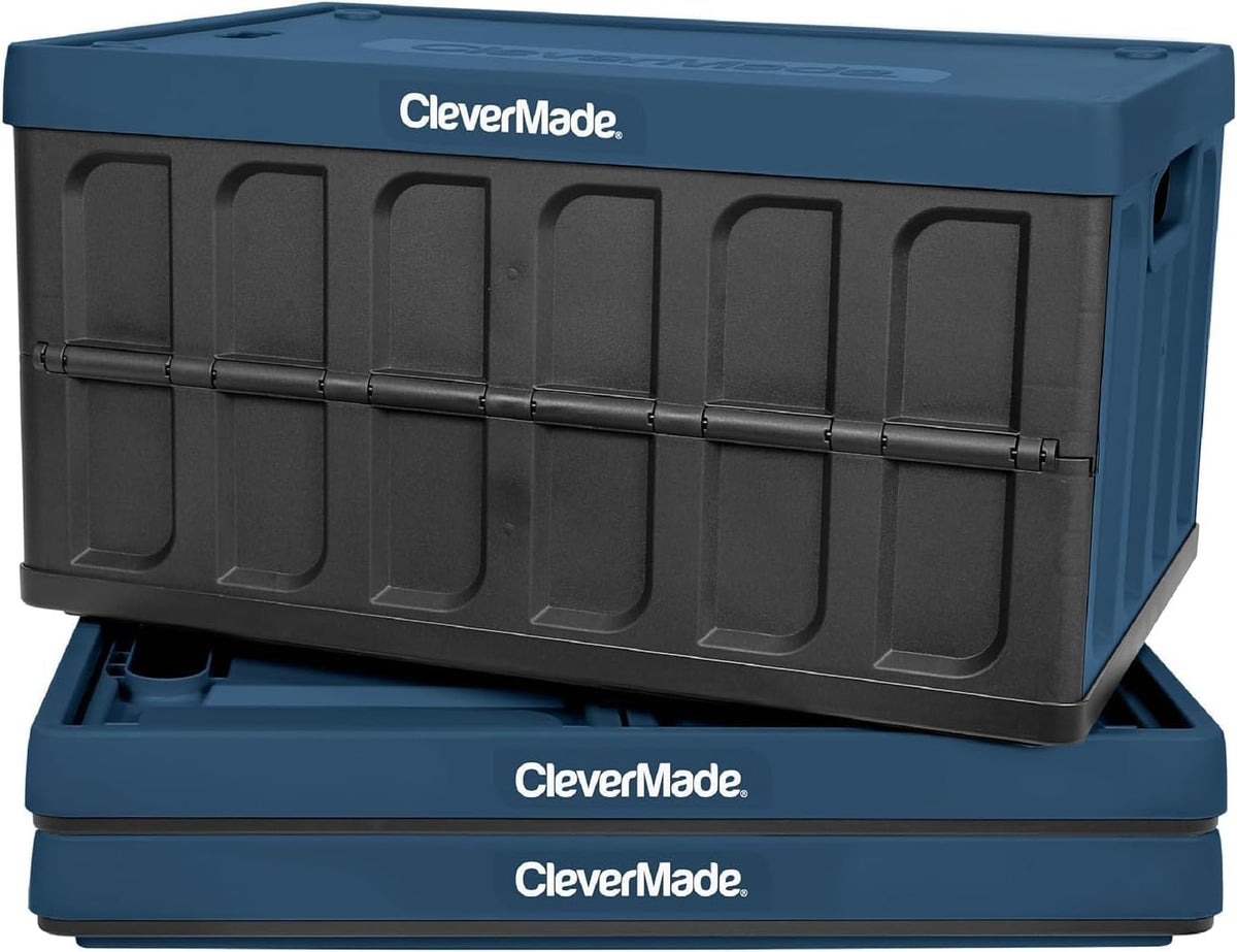 CleverMade collapsible storage bins with lids in Ocean, ideal for trunk organization.