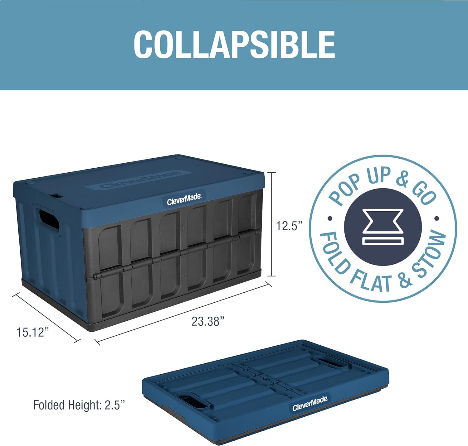 CleverMade collapsible storage bins in Ocean, folds flat for closet storage.