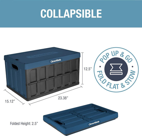 CleverMade collapsible storage bins in Ocean, folds flat for closet storage.