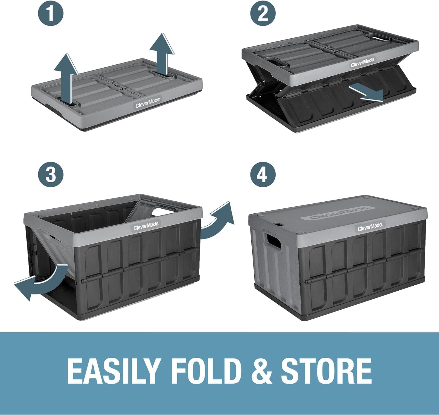 CleverMade fold-flat bin in Ocean, collapses to 2.5 inches for compact storage.