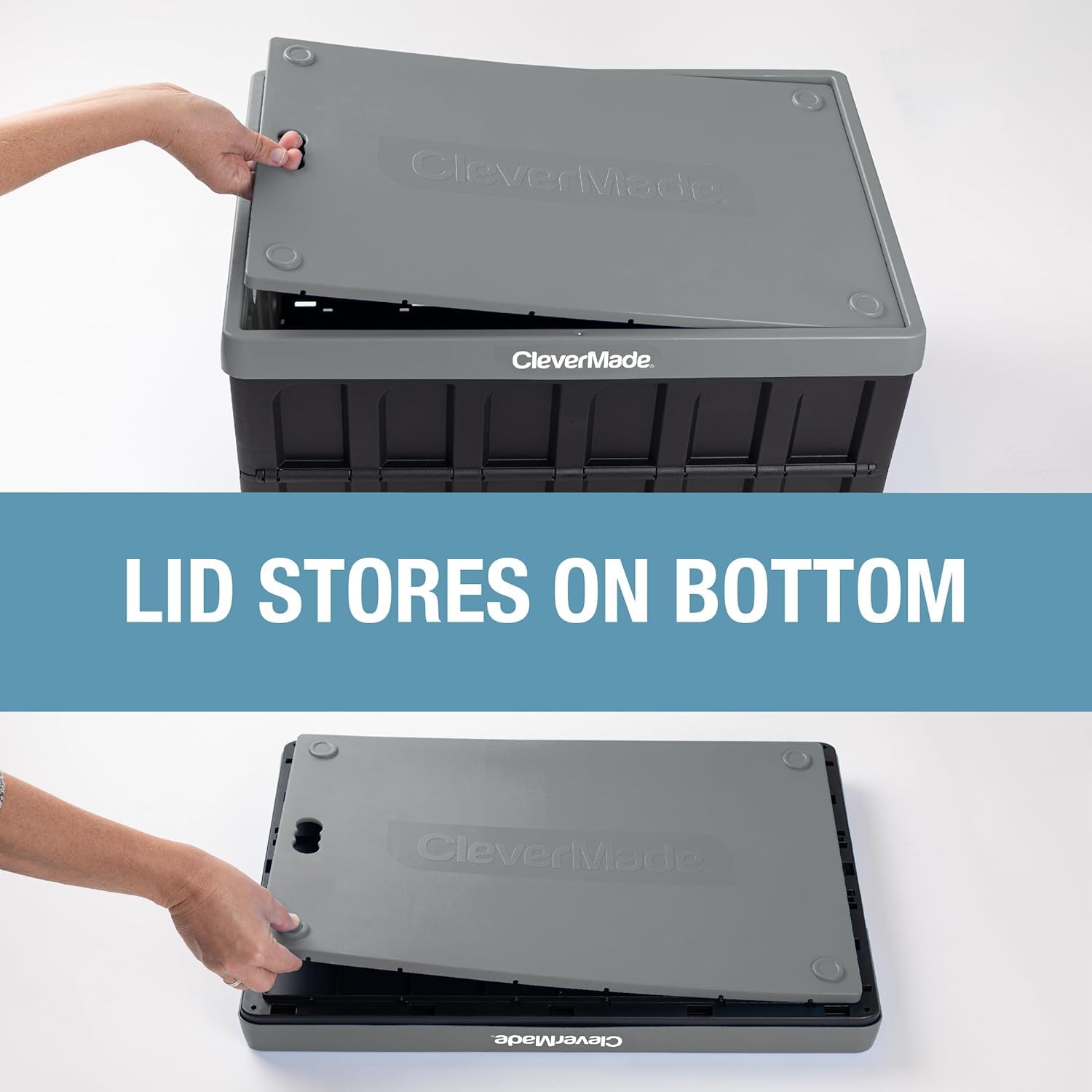 CleverMade heavy-duty plastic bin with handles in Ocean, supports up to 100 lbs for hauling.