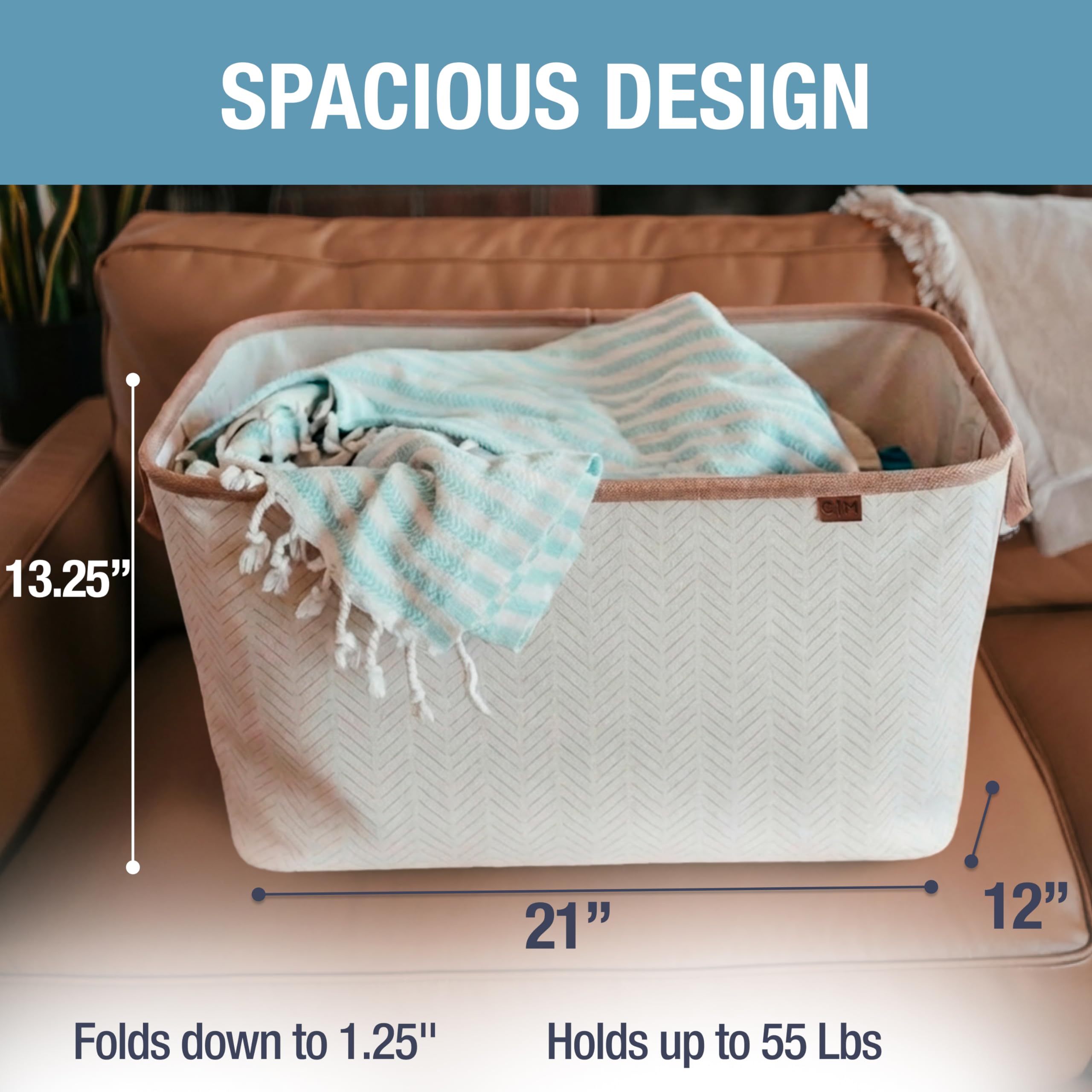 Cream-colored CleverMade LUXE basket with vegan leather accents adds polished organization.