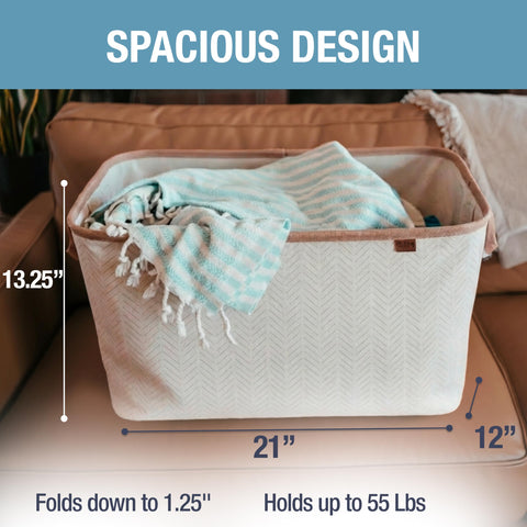 Cream-colored CleverMade LUXE basket with vegan leather accents adds polished organization.