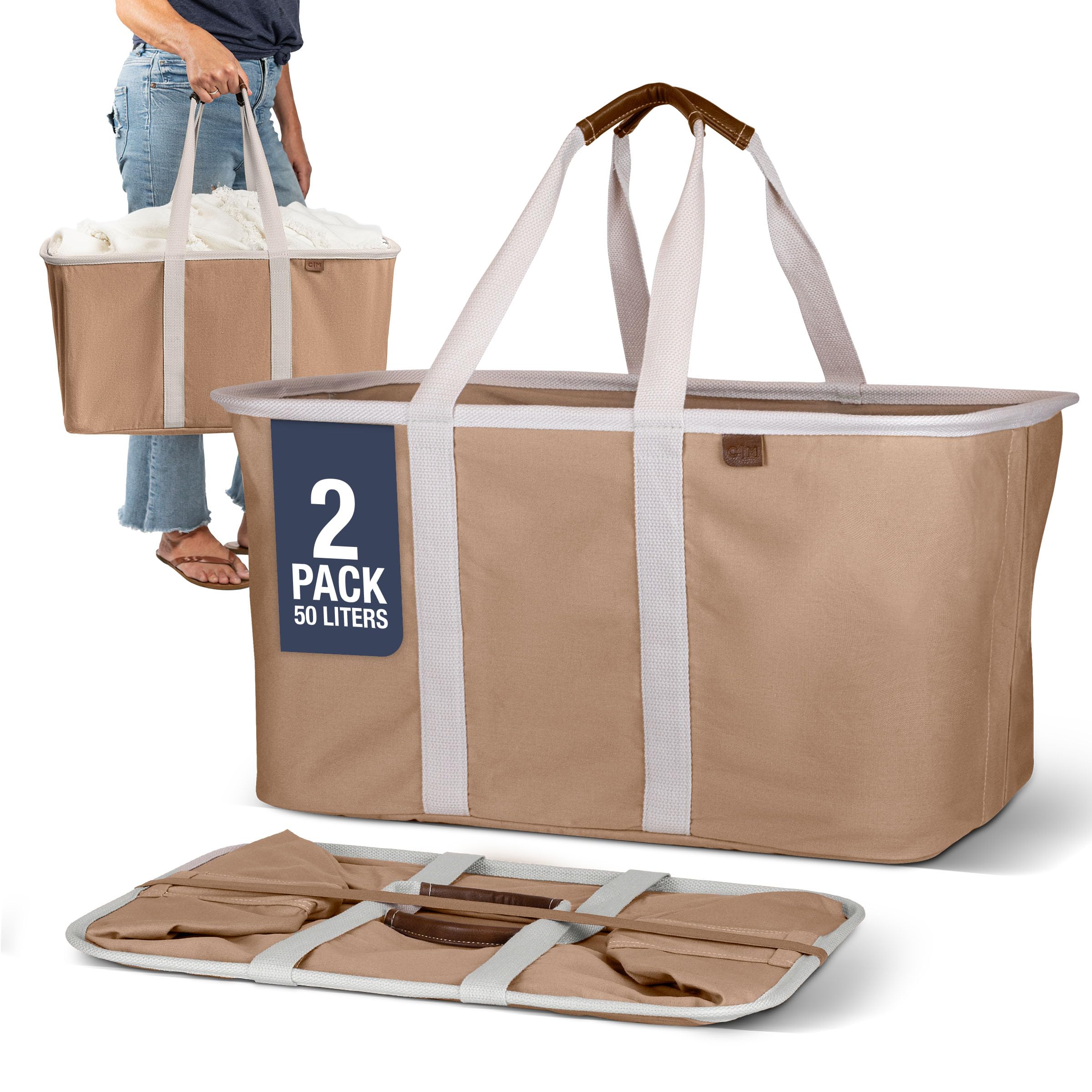 CleverMade LUXE Laundry Tote open showing 50L capacity for a full load