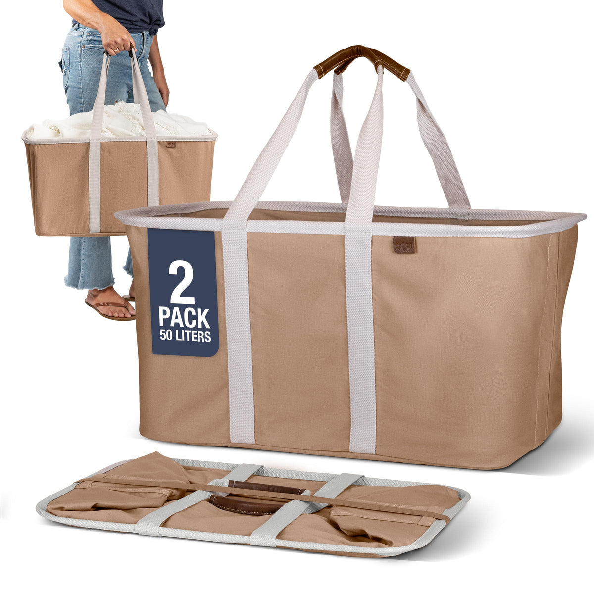 CleverMade LUXE Laundry Tote open showing 50L capacity for a full load