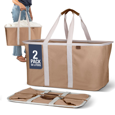 CleverMade LUXE Laundry Tote open showing 50L capacity for a full load