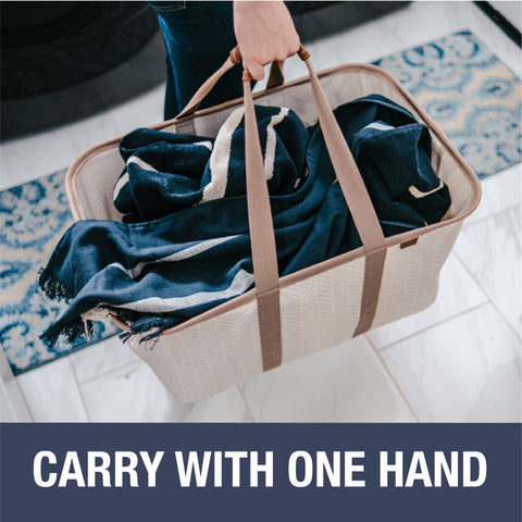 CleverMade LUXE Laundry Tote with steel rim maintaining shape during carry