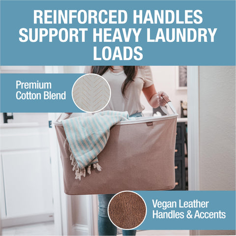 Reinforced handles on the CleverMade LUXE basket enable easy lifting from a dorm room.