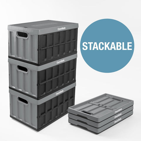 CleverMade stackable storage bin in Ocean, maximizes vertical space in the garage.