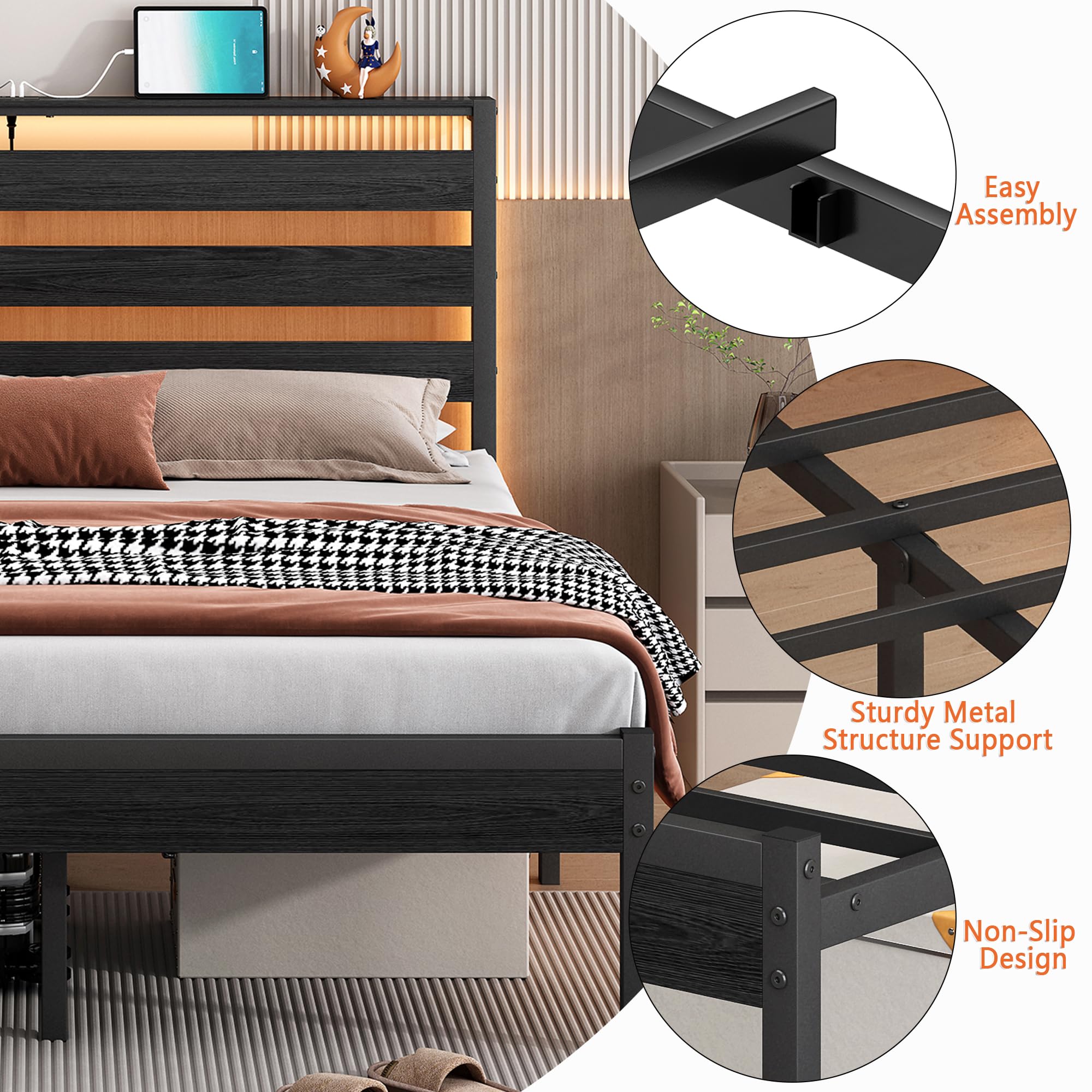 CLIBFENG bed frame features noise-free steel slats for quiet nights.