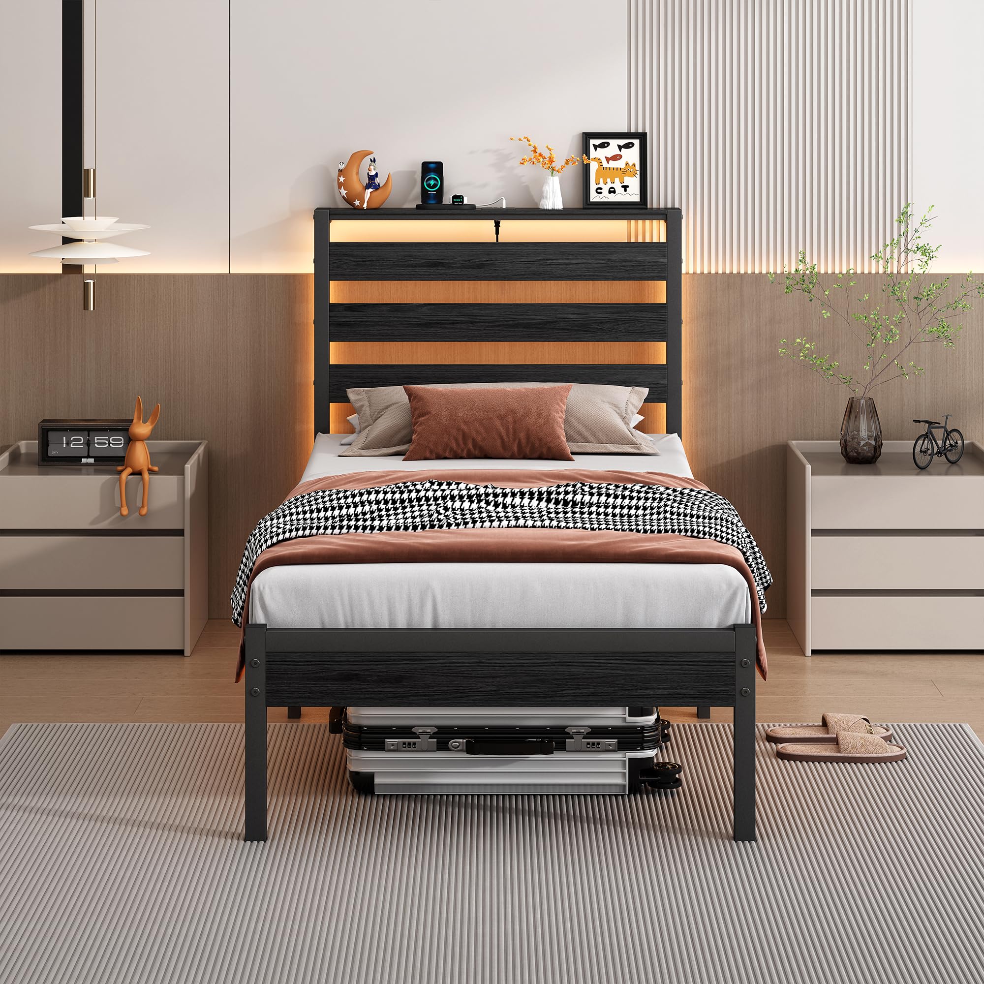 CLIBFENG twin bed frame with USB charging for convenient nighttime devices.