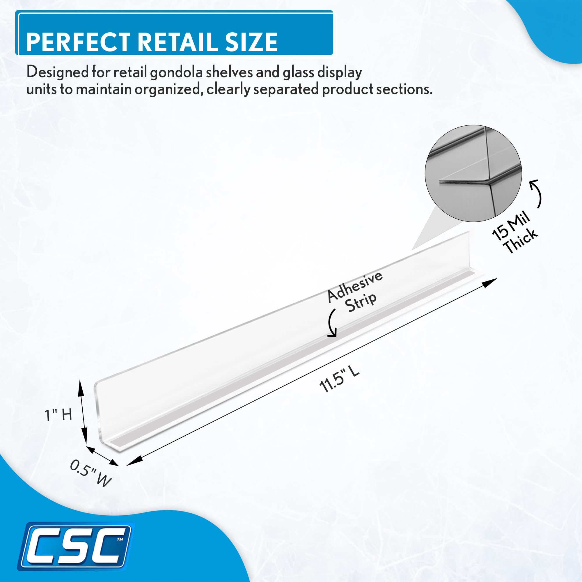Clip Strip adhesive shelf dividers support easy removal on metal or glass shelves.