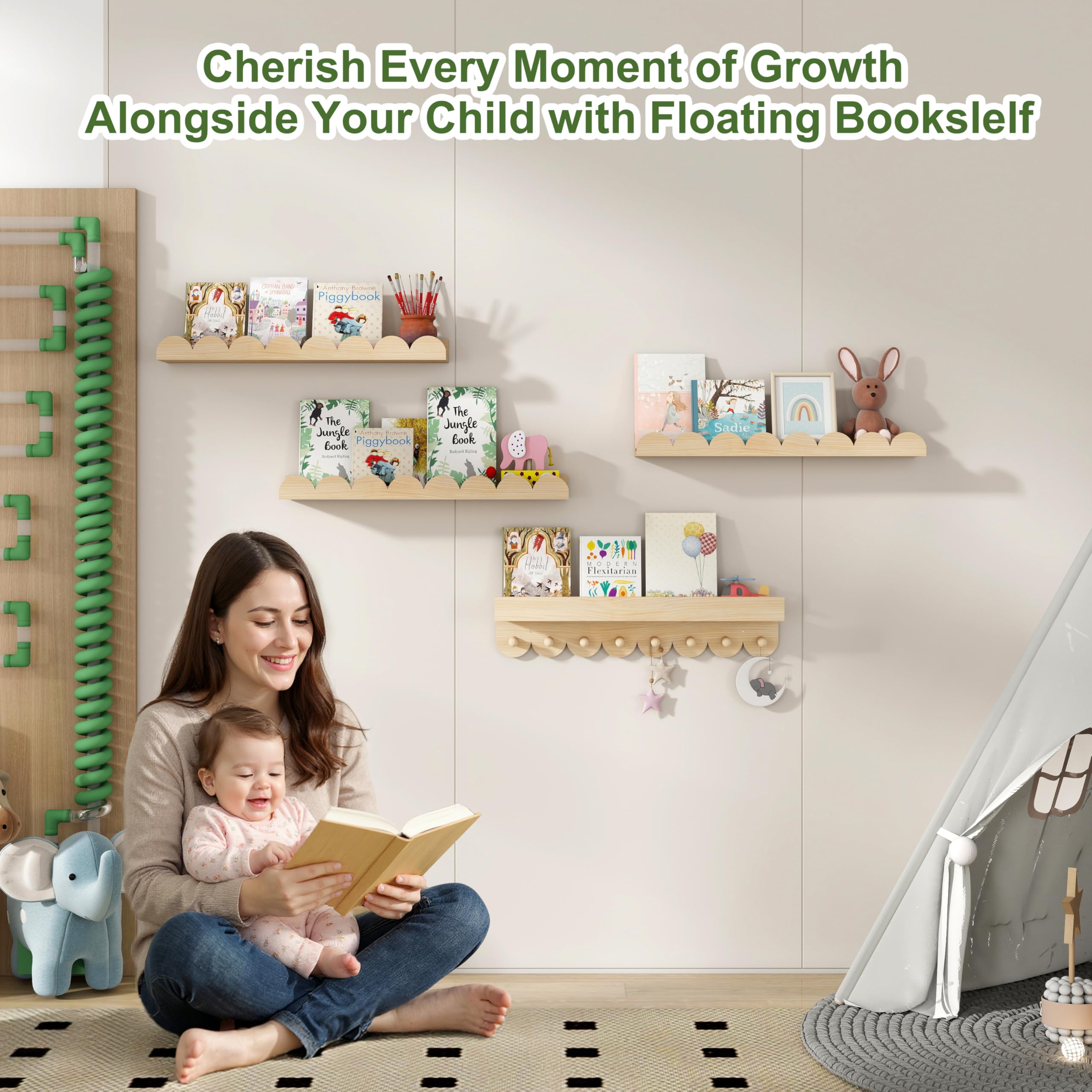 CLLASOU hanging hooks with nursery shelves for clothes and toys.