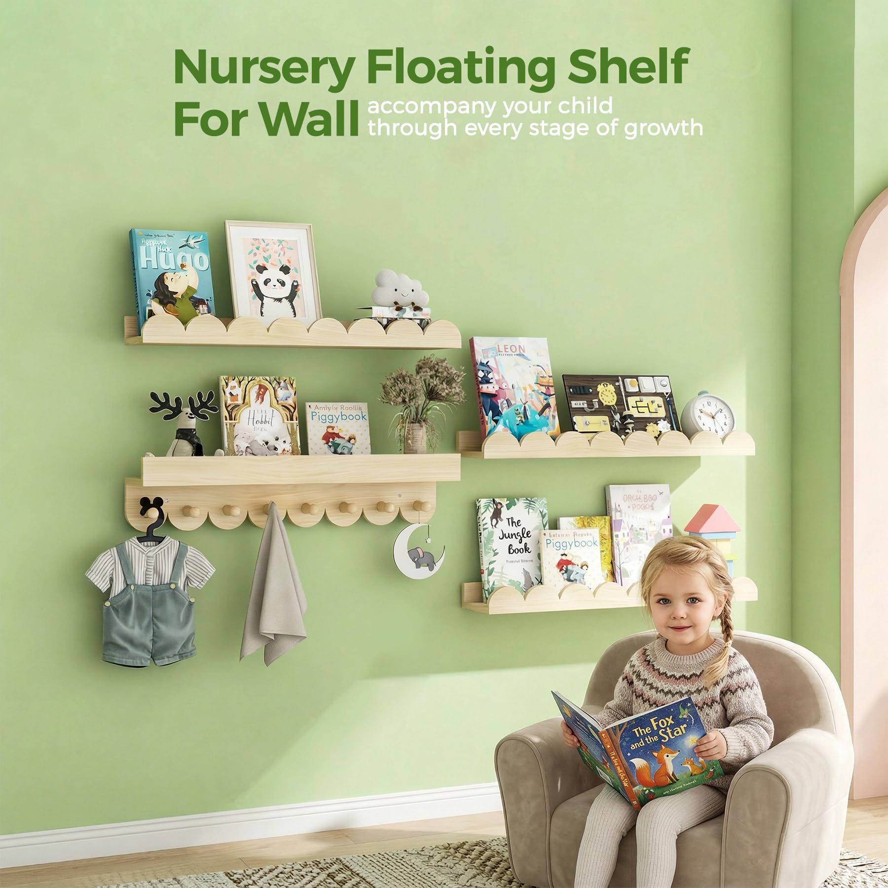 CLLASOU scalloped edge nursery shelves showcase gentle design for kids.