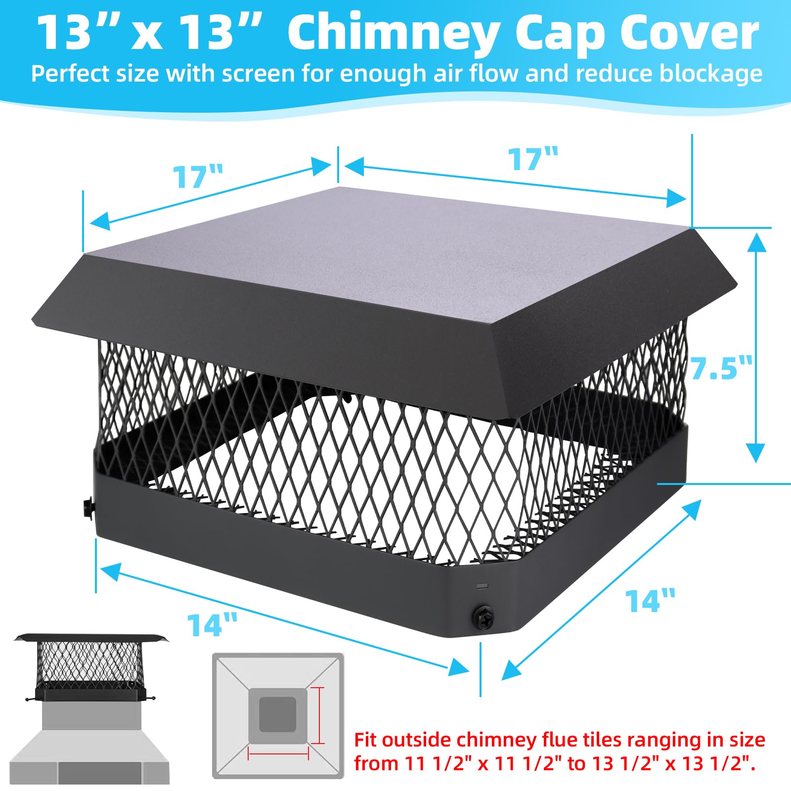 CLLOMAGY 13x13 chimney cap hood secures the mesh for weatherproof outdoor use.