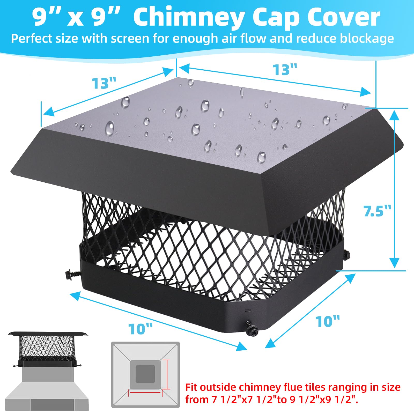 CLLOMAGY chimney cap side view shows mesh guard against animals