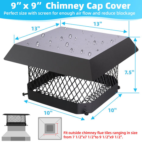 CLLOMAGY chimney cap side view shows mesh guard against animals