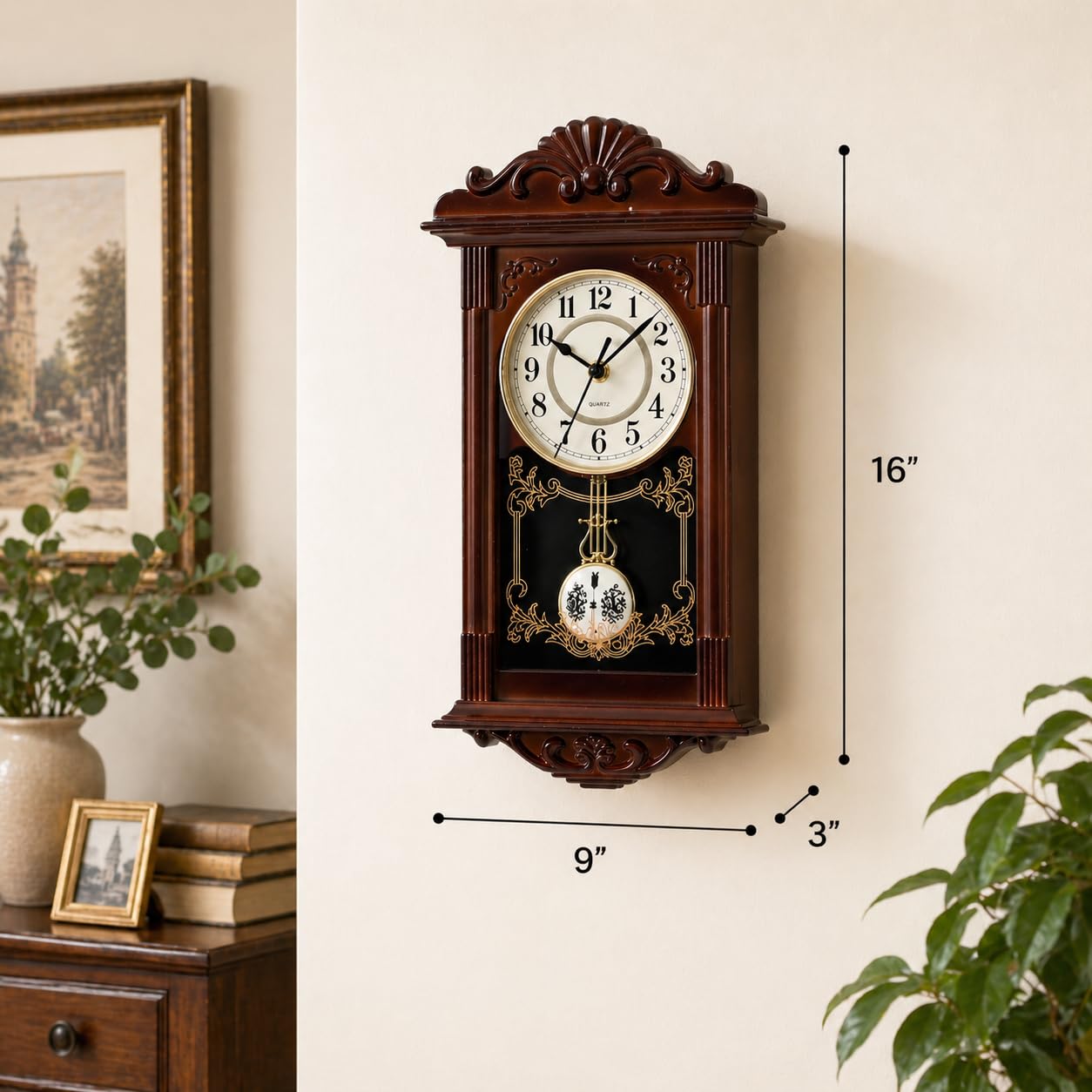 Clockswise brown wood-effect plastic pendulum adds warm vintage ambiance