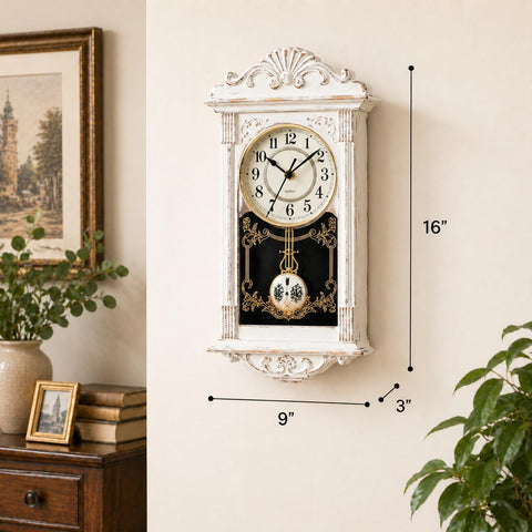 Clockswise wood-effect plastic pendulum clock adds classic decor without heavy furniture.